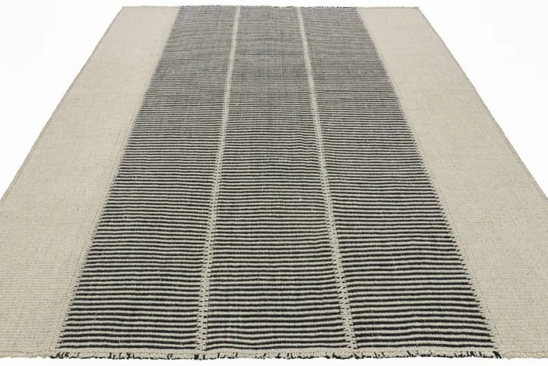 Hot Pamono Kilim with Black and Cream White Textural Stripes from R&K Principal Jahanshah Nazmiyal