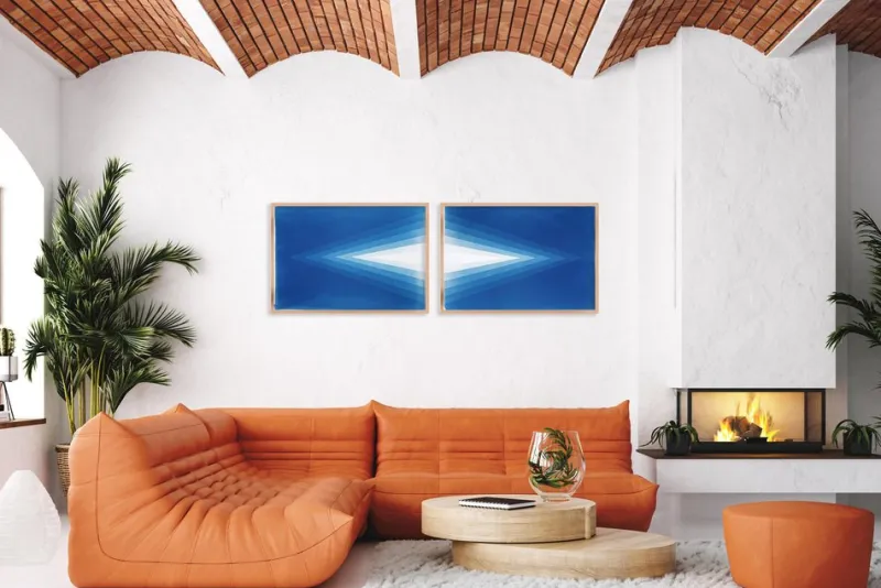 Hot Pamono Kind of Cyan, Geometric Blue Diamond Diptych, Cyanotype, 2025