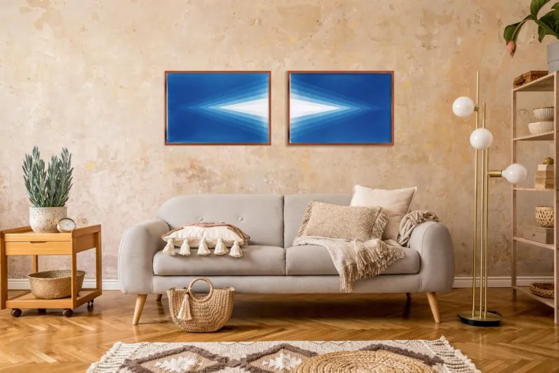 Hot Pamono Kind of Cyan, Geometric Blue Diamond Diptych, Cyanotype, 2025