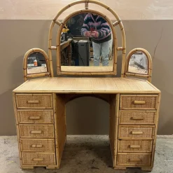 Pamono Knee Hole Cane and Bamboo Dressing Table with Surround Attached Mirrors><noscript><img width=