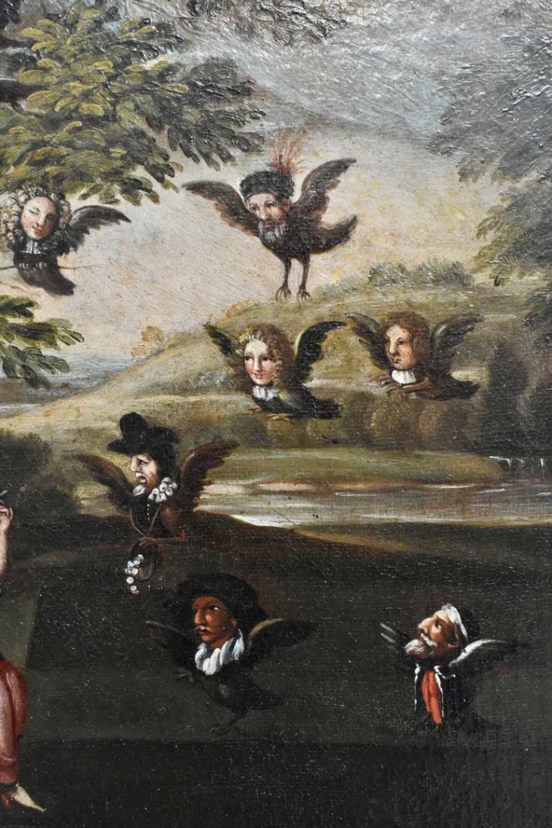 Pamono La Civetta, Pipe Hunting, Glue Hunting, Owl Hunting, 1700s, Oil on Canvas, Framed> Classical