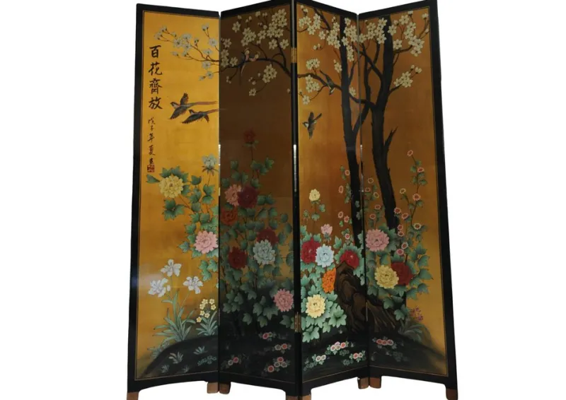 Outlet Pamono Lacquer De Chine Decorative Floral Four Fold Two-Sided Room Divider