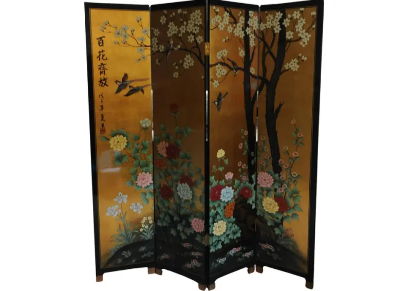Outlet Pamono Lacquer De Chine Decorative Floral Four Fold Two-Sided Room Divider