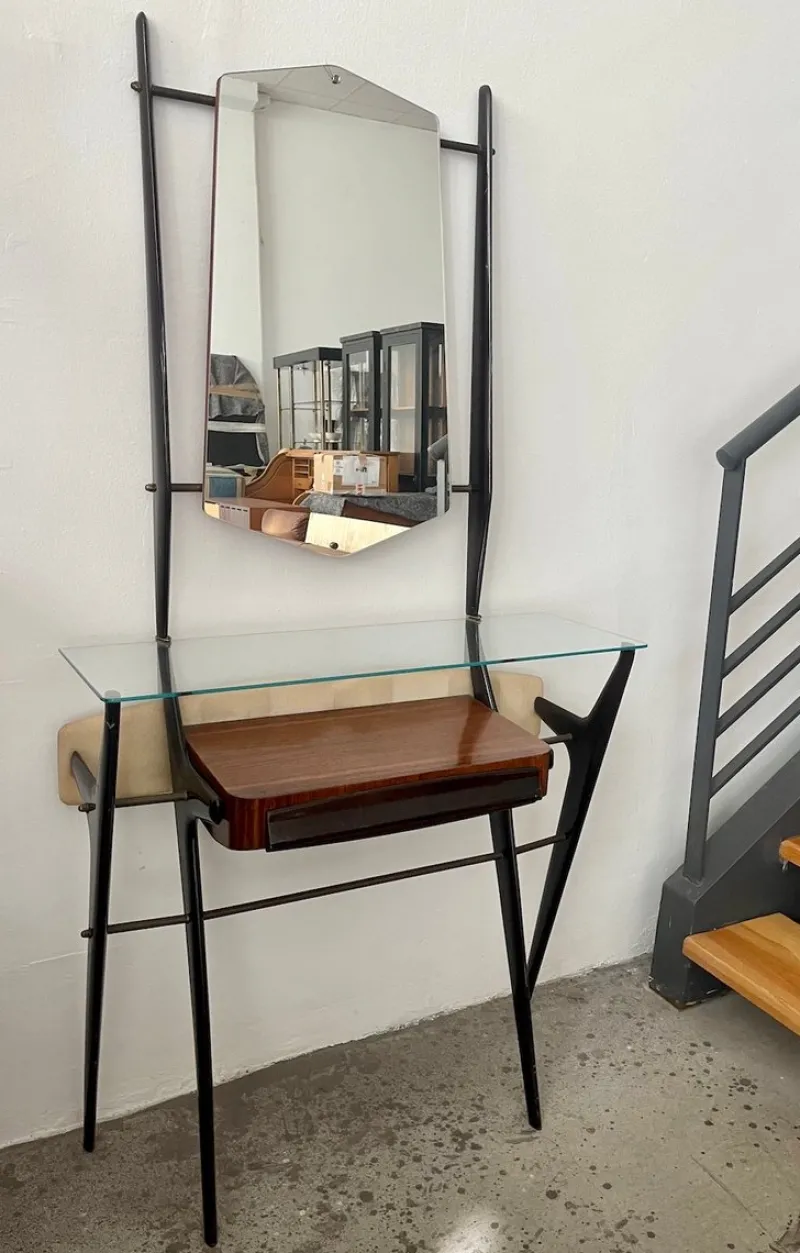 Pamono Lacquered Wood Dressing Table with Glass Top and Mirror, 1950s> Dressing Tables
