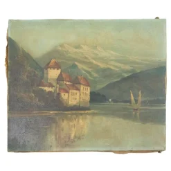 New Pamono Landscape Chateau Chillon Leman Lake, Switzerland, Late 19th-Century, Oil on Canvas