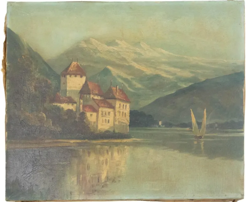New Pamono Landscape Chateau Chillon Leman Lake, Switzerland, Late 19th-Century, Oil on Canvas