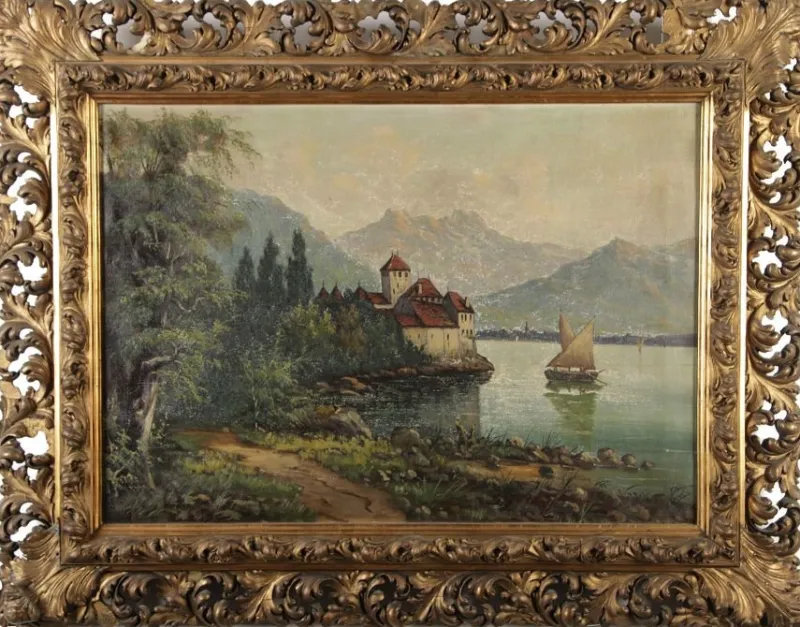 New Pamono Landscape with Chateau Chillon Leman Lake, Switzerland, Oil Painting on Canvas, Early 20th Century, Framed