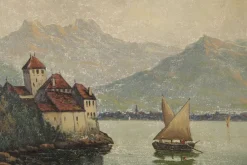 New Pamono Landscape with Chateau Chillon Leman Lake, Switzerland, Oil Painting on Canvas, Early 20th Century, Framed