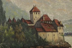 New Pamono Landscape with Chateau Chillon Leman Lake, Switzerland, Oil Painting on Canvas, Early 20th Century, Framed