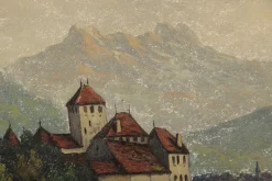 New Pamono Landscape with Chateau Chillon Leman Lake, Switzerland, Oil Painting on Canvas, Early 20th Century, Framed
