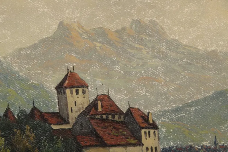 New Pamono Landscape with Chateau Chillon Leman Lake, Switzerland, Oil Painting on Canvas, Early 20th Century, Framed