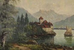 New Pamono Landscape with Chateau Chillon Leman Lake, Switzerland, Oil Painting on Canvas, Early 20th Century, Framed