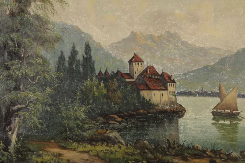 New Pamono Landscape with Chateau Chillon Leman Lake, Switzerland, Oil Painting on Canvas, Early 20th Century, Framed