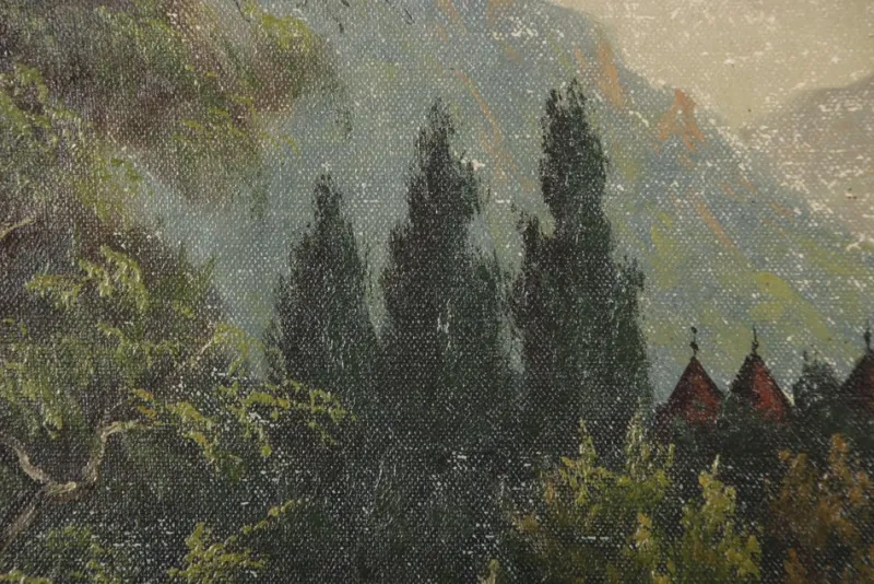 New Pamono Landscape with Chateau Chillon Leman Lake, Switzerland, Oil Painting on Canvas, Early 20th Century, Framed
