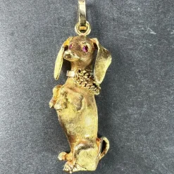 Online Pamono Large 18 Karat Yellow White Gold Dachshund Dog Charm Pendant with Ruby, 1950s