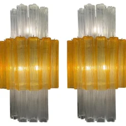 New Pamono Large Amber and Clear Murano Glass Sconces, 1990, Set of 2