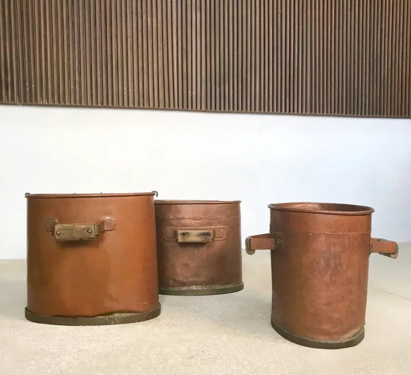 New Pamono Large Antique Copper Fireplace Log Holders, 1850s, Set of 3