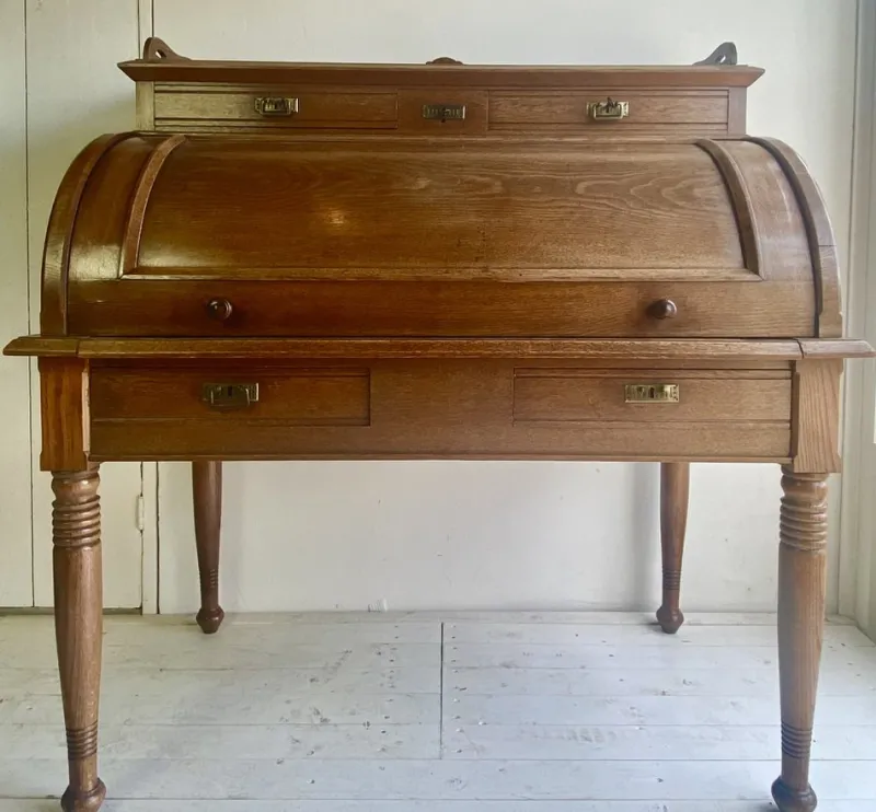 Pamono Large Antique Cylinder Writing Desk in Oak