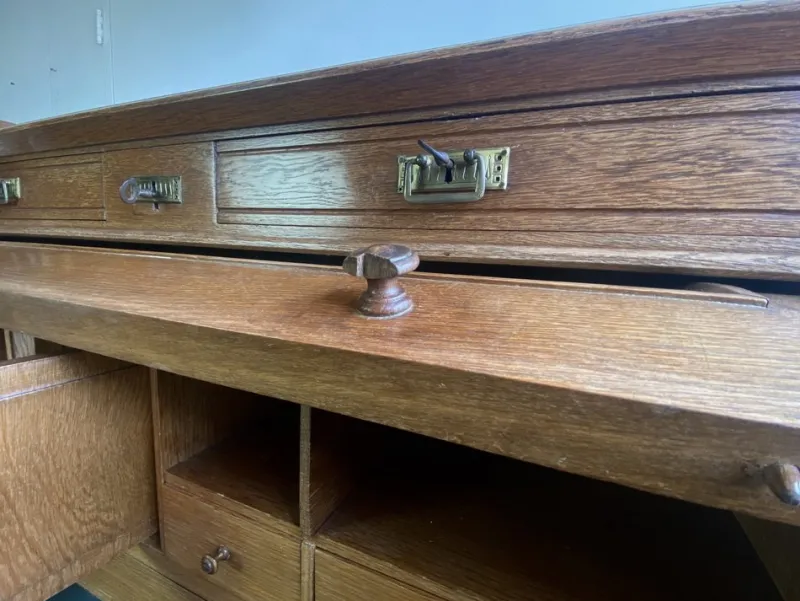 Pamono Large Antique Cylinder Writing Desk in Oak