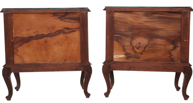Pamono Large Antique Figured Walnut Bedside Tables, 1925, Set of 2> Nightstands