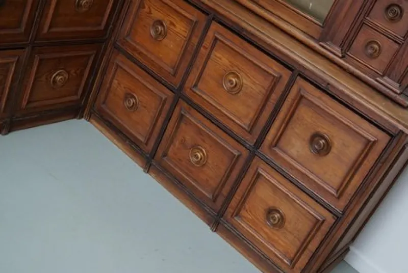 Pamono Large Antique German Pitch Pine Corner Apothecary Cabinet, 1900s> Cabinets & Wardrobes