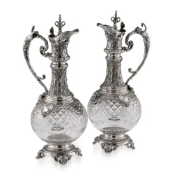 Pamono Large Antique German Silver and Cut Glass Wine Jugs, 1900, Set of 2