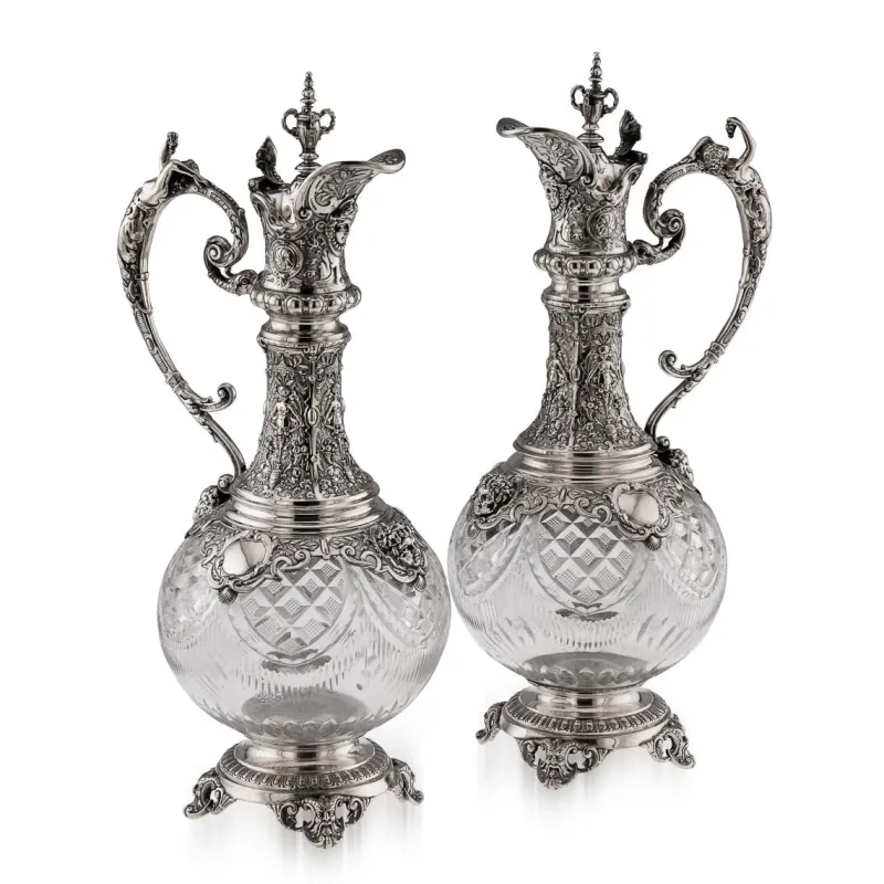 Pamono Large Antique German Silver and Cut Glass Wine Jugs, 1900, Set of 2