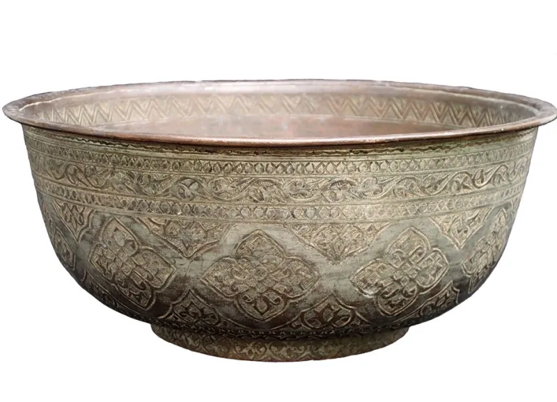 Hot Pamono Large Antique Islamic Engraved Tinned Copper Bowl, 1890s