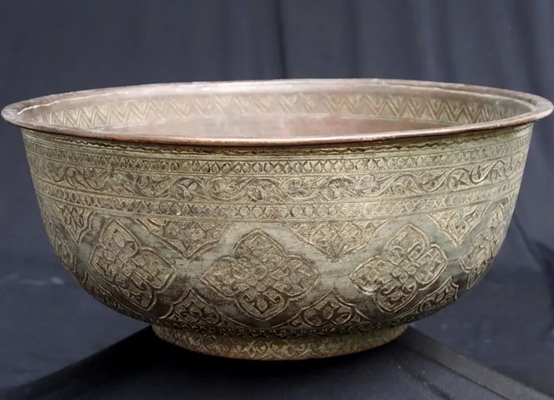 Hot Pamono Large Antique Islamic Engraved Tinned Copper Bowl, 1890s