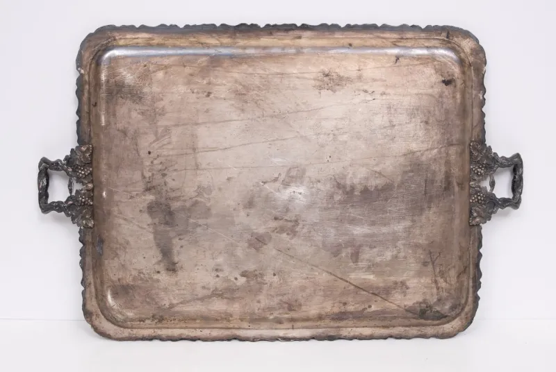 Pamono Large Antique Silver Plated on Copper Serving Tray, 1880> Trays