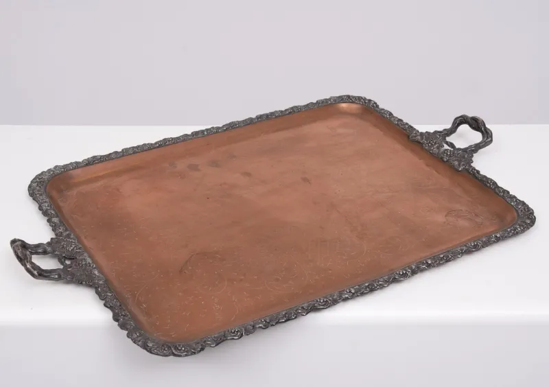 Pamono Large Antique Silver Plated on Copper Serving Tray, 1880> Trays