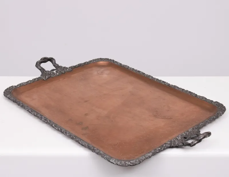 Pamono Large Antique Silver Plated on Copper Serving Tray, 1880> Trays