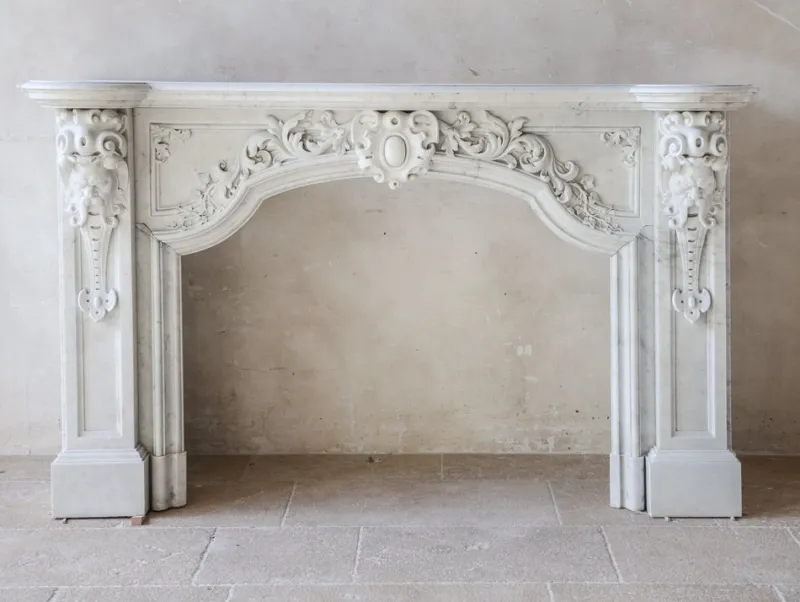 Clearance Pamono Large Antique Statuario Carrara Marble Fireplace with Viking Masks