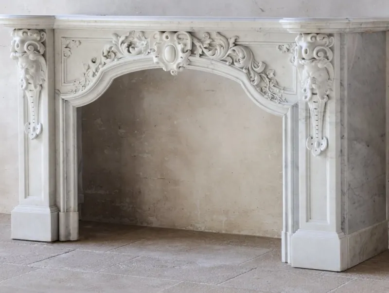 Clearance Pamono Large Antique Statuario Carrara Marble Fireplace with Viking Masks