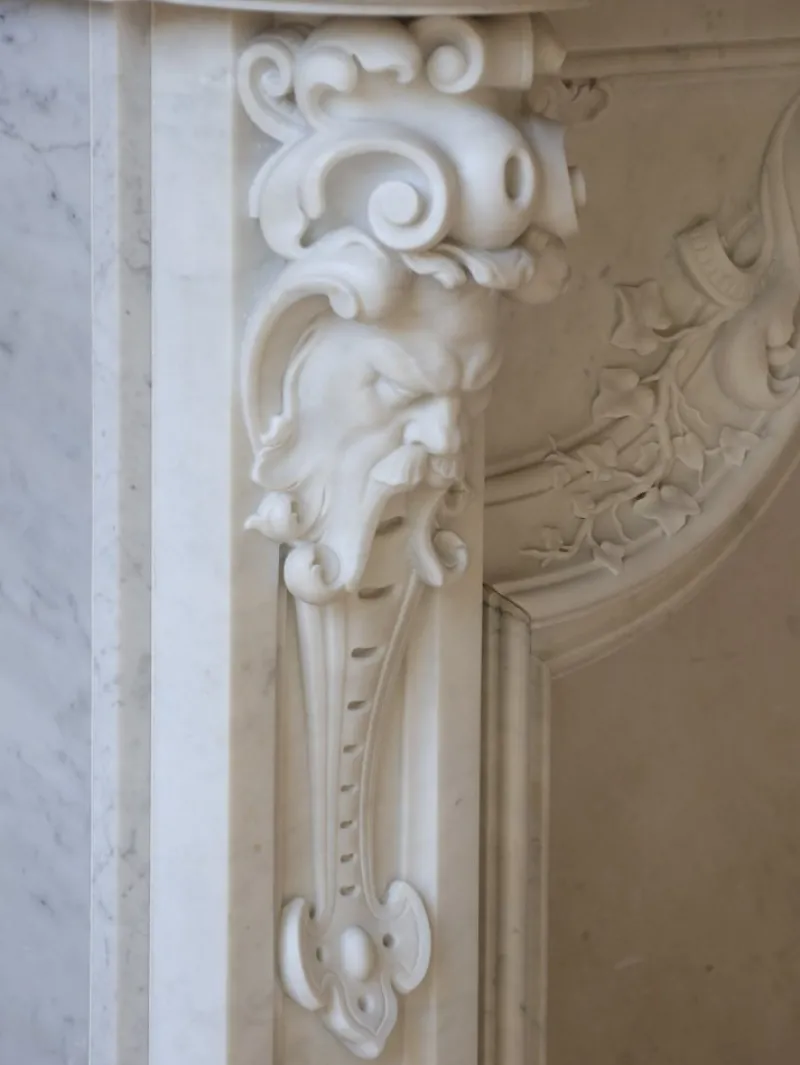 Clearance Pamono Large Antique Statuario Carrara Marble Fireplace with Viking Masks