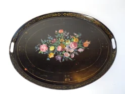 Pamono Large Antique Tin Tray with Hand Painted Flowers> Trays
