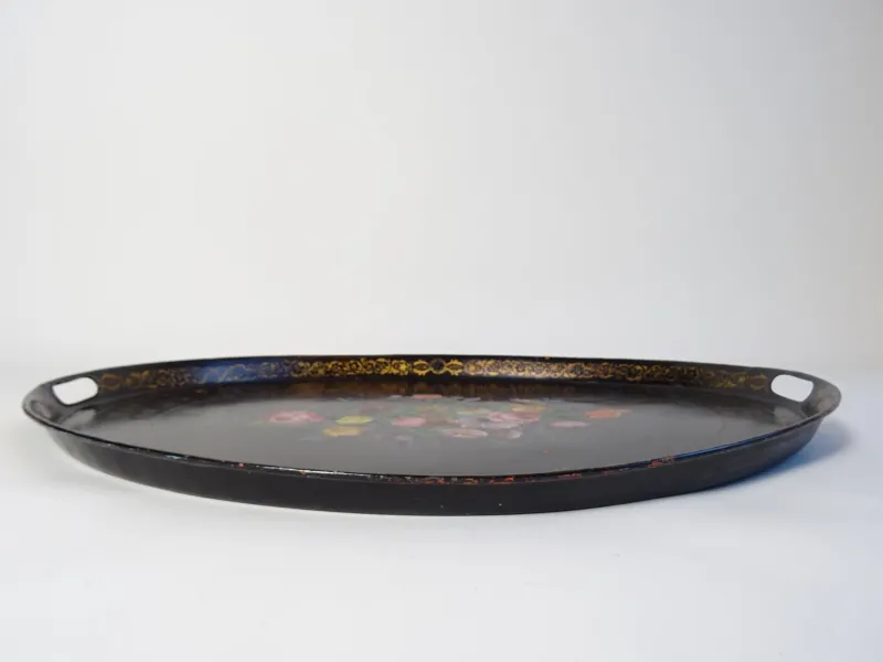 Pamono Large Antique Tin Tray with Hand Painted Flowers> Trays
