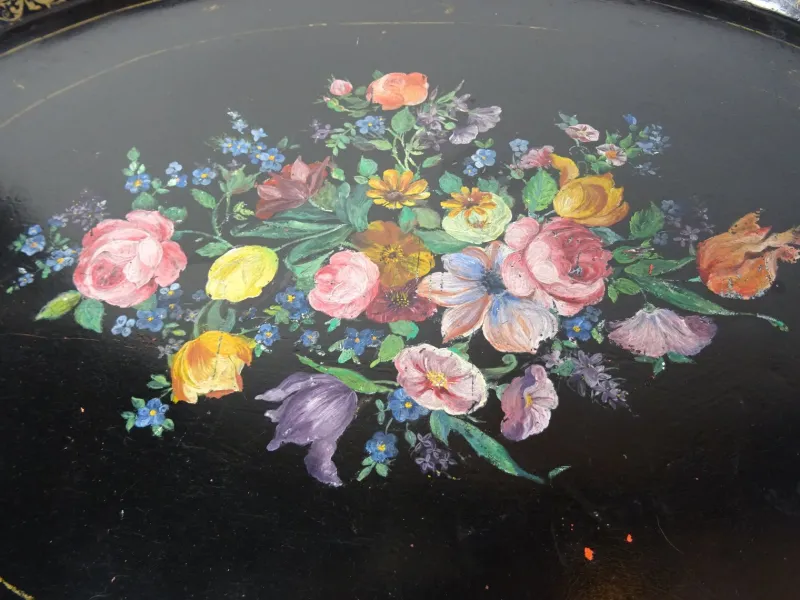 Pamono Large Antique Tin Tray with Hand Painted Flowers> Trays