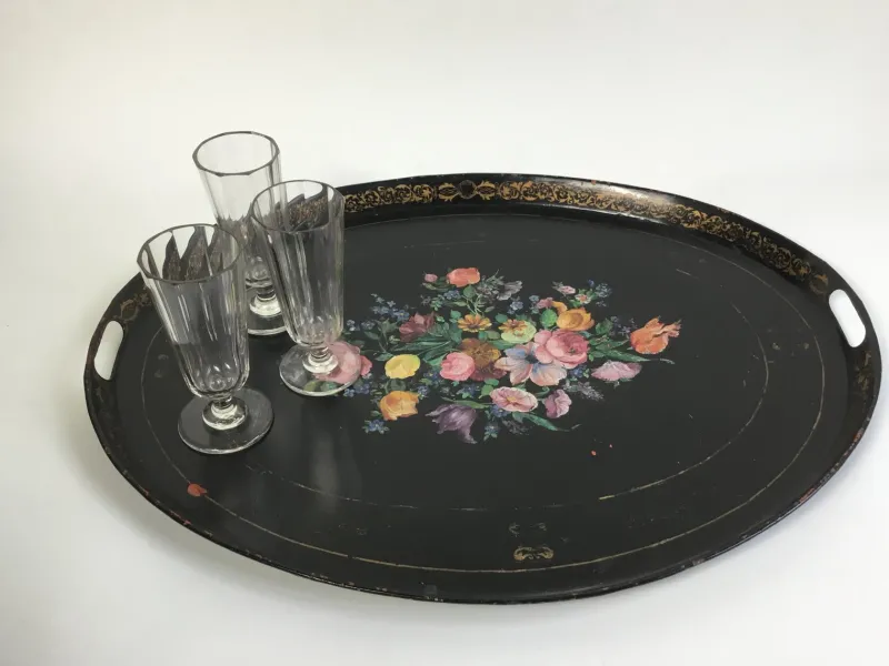 Pamono Large Antique Tin Tray with Hand Painted Flowers> Trays