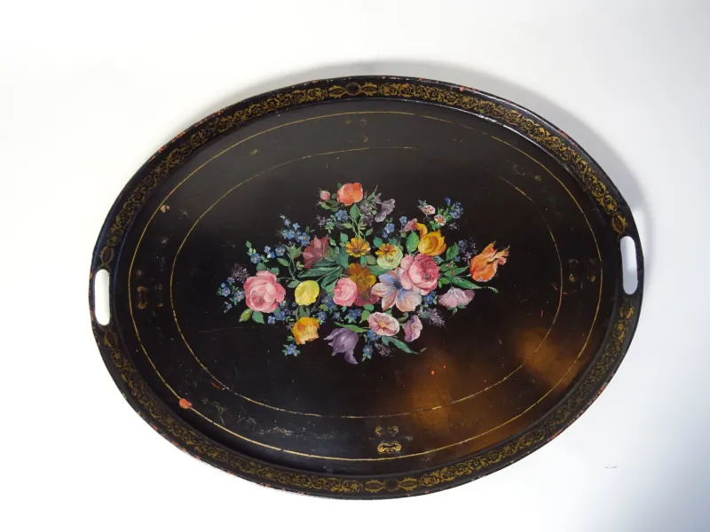 Pamono Large Antique Tin Tray with Hand Painted Flowers> Trays