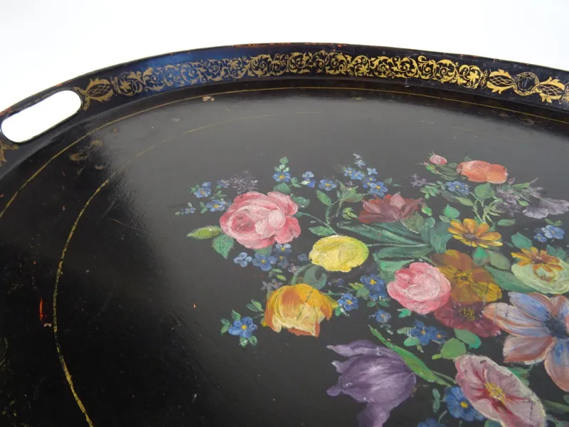 Pamono Large Antique Tin Tray with Hand Painted Flowers> Trays