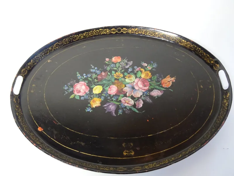 Pamono Large Antique Tin Tray with Hand Painted Flowers> Trays