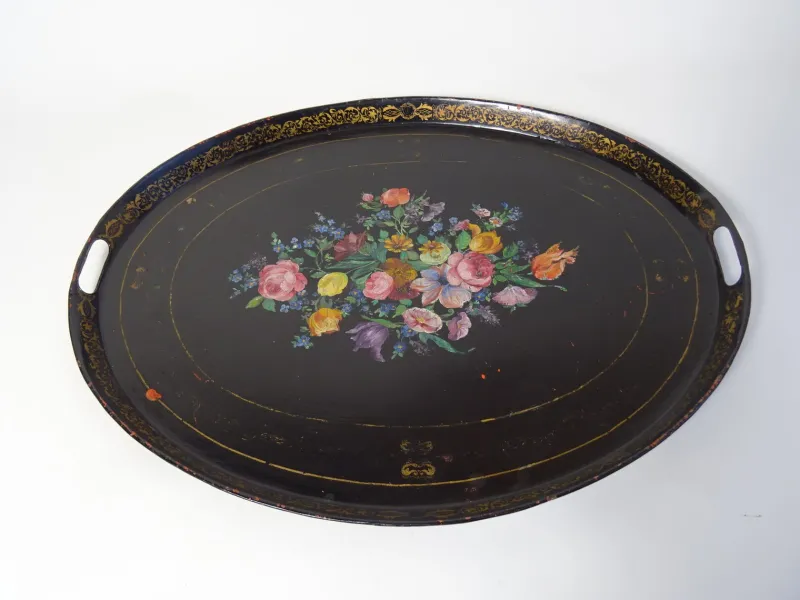 Pamono Large Antique Tin Tray with Hand Painted Flowers> Trays