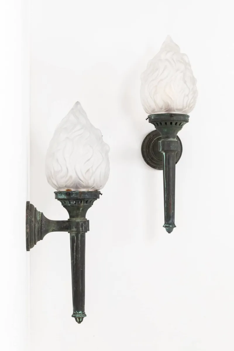 Outlet Pamono Large Antique Verdigris Bronze Torchiere Wall Lamps, 1890s, Set of 2