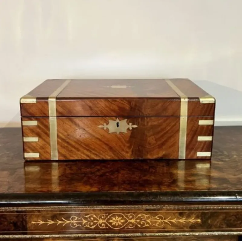 Clearance Pamono Large Antique Victorian Burr Walnut and Brass Bound Writing Box, 1860