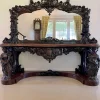 Pamono Large Antique Victorian Console Table in Carved Mahogany with Mirror Back> Console Tables