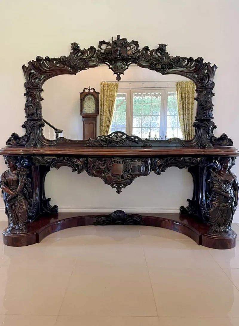 Pamono Large Antique Victorian Console Table in Carved Mahogany with Mirror Back> Console Tables