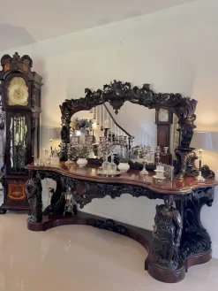 Pamono Large Antique Victorian Console Table in Carved Mahogany with Mirror Back> Console Tables