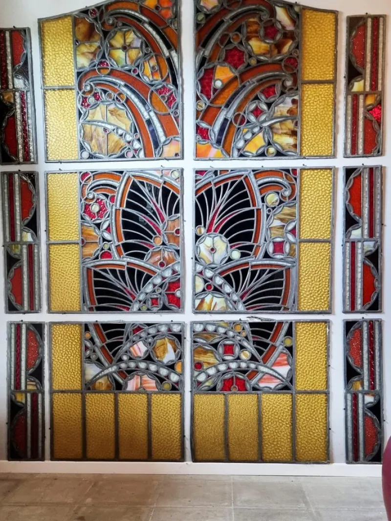 Sale Pamono Large Art Deco Architectural Stained Glass Window Panels, 1920s, Set of 12