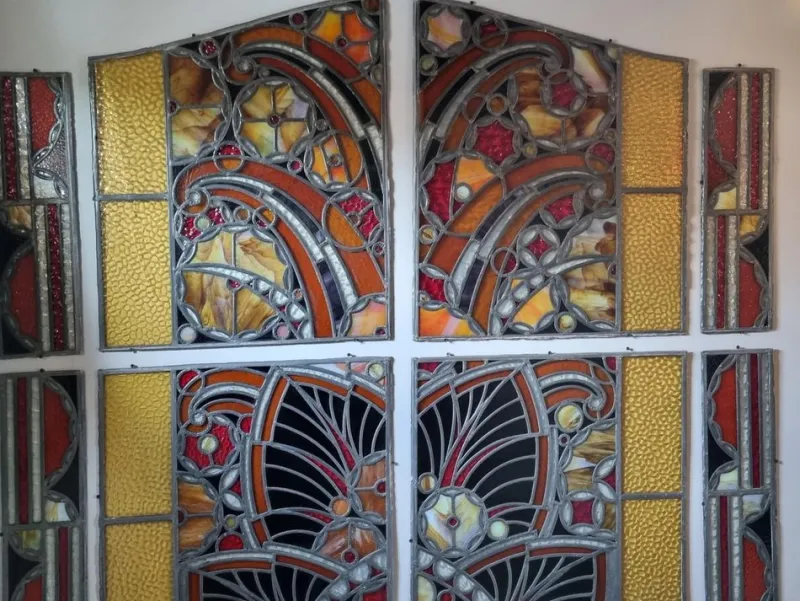 Sale Pamono Large Art Deco Architectural Stained Glass Window Panels, 1920s, Set of 12